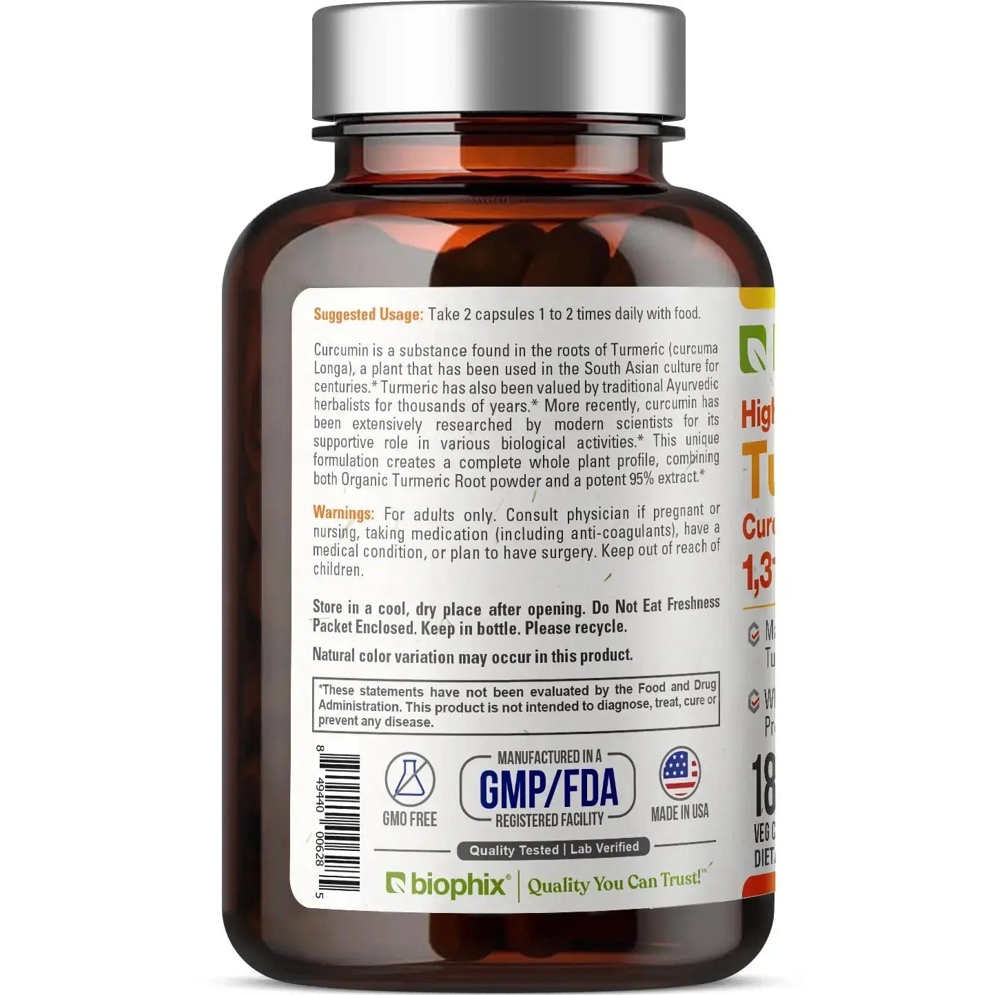 Biophix Organic Turmeric Curcumin 1310 mg Lifestyle Daily Joint Brain Health Supplement