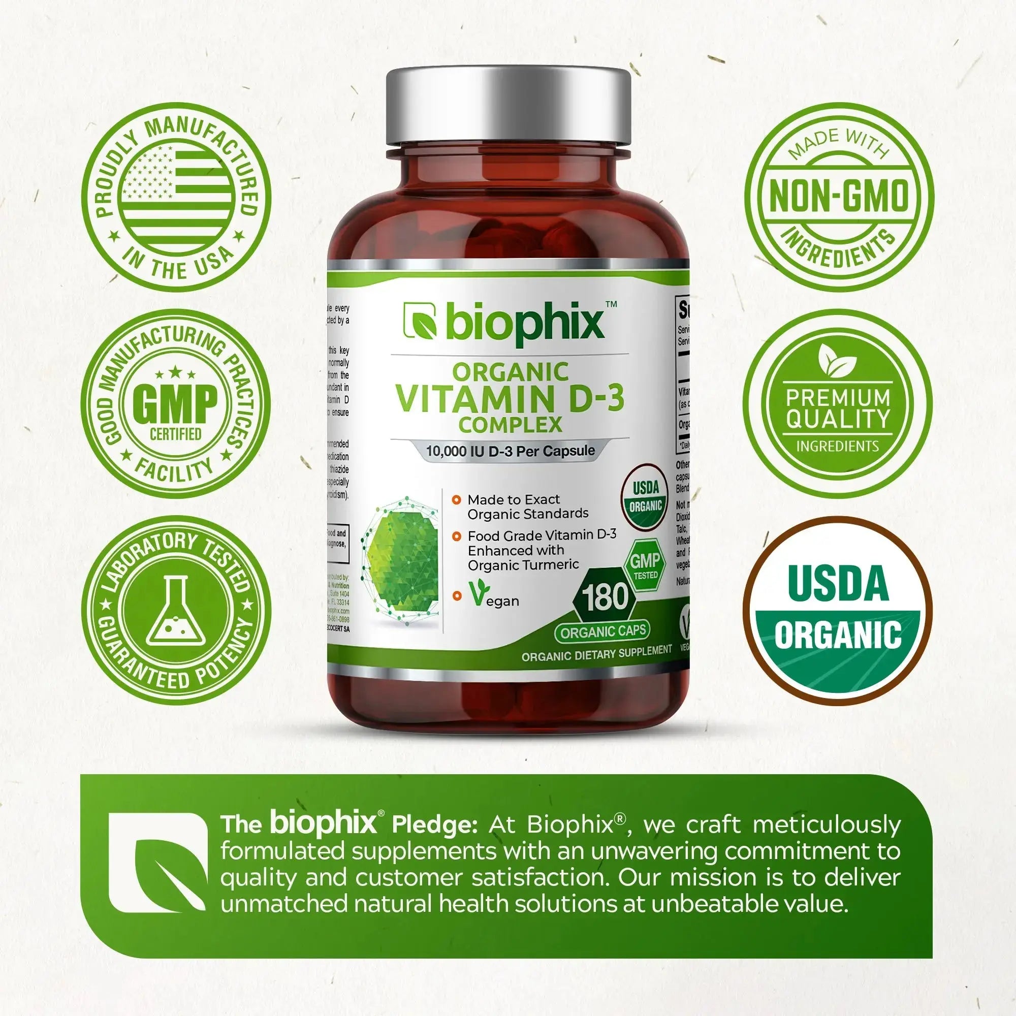 biophix Organic Vitamin D-3 Complex 10000 IU 180 Vegetarian Capsules with Turmeric
