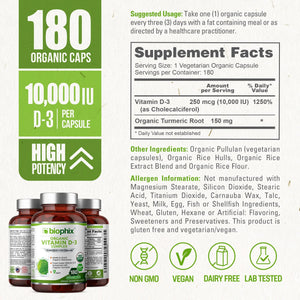 biophix Organic Vitamin D-3 Complex 10000 IU 180 Vegetarian Capsules with Turmeric