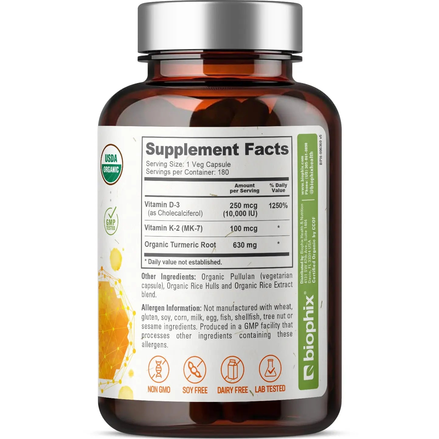 Biophix Organic D3 K2 Turmeric 180-Day Supply Immune Bone Inflammatory Response