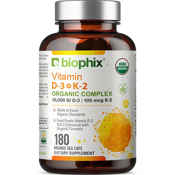 Biophix Organic Vitamin D3 K2 Turmeric 180 Vegetarian Capsules Front View