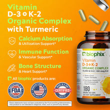 Load image into Gallery viewer, biophix Organic Vitamin D-3 K2 Turmeric 180 Vegetarian Capsules