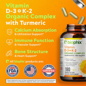 biophix Organic Vitamin D-3 K2 Turmeric 180 Vegetarian Capsules