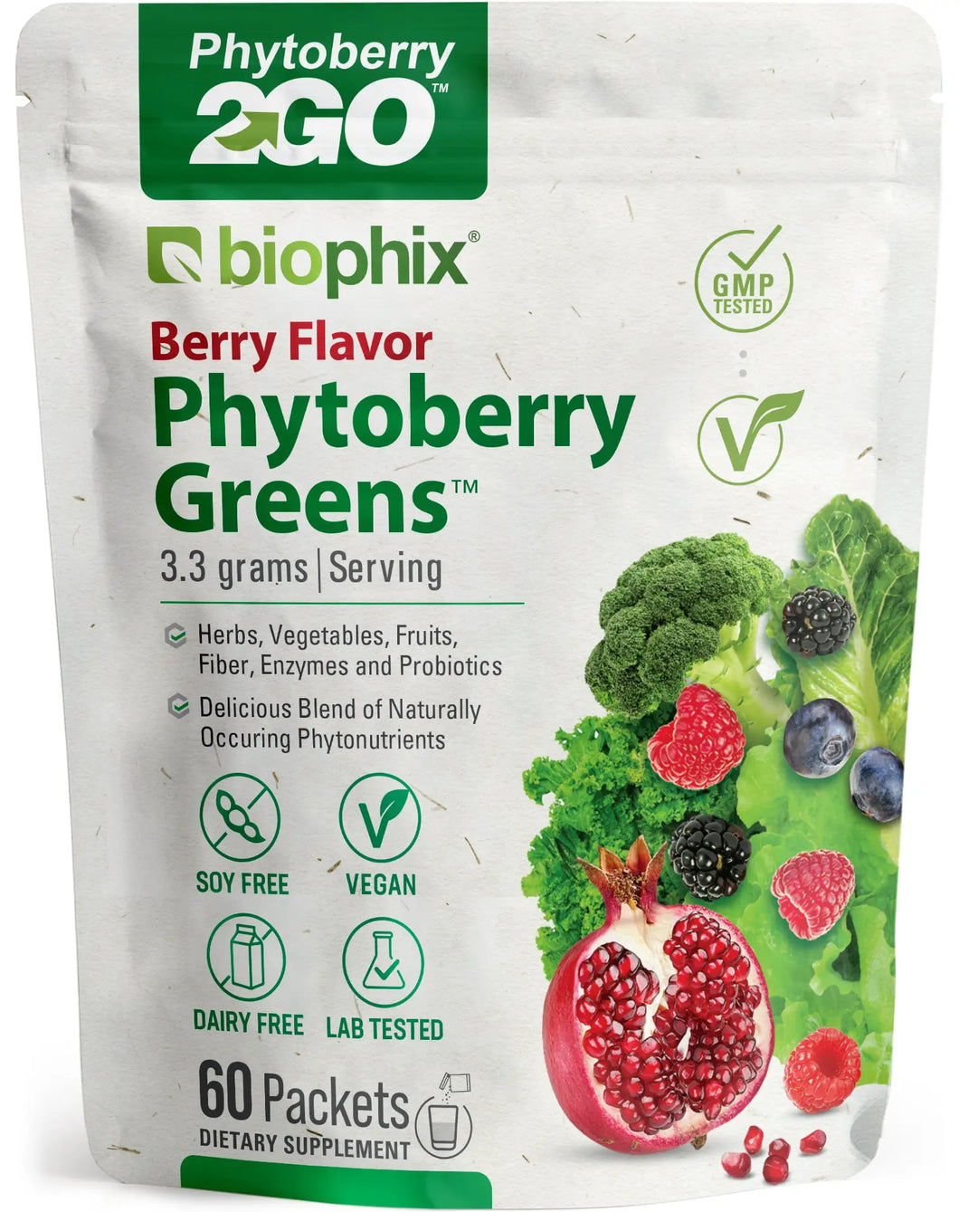 biophix Phytoberry2GO Greens Superfood Powder 60 Packets Natural Berry Flavor