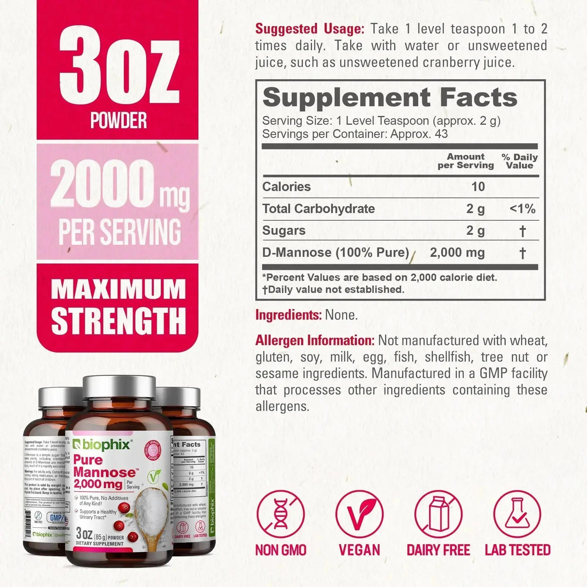 biophix Pure Mannose 100 Percent Powder 2000 mg 3 oz