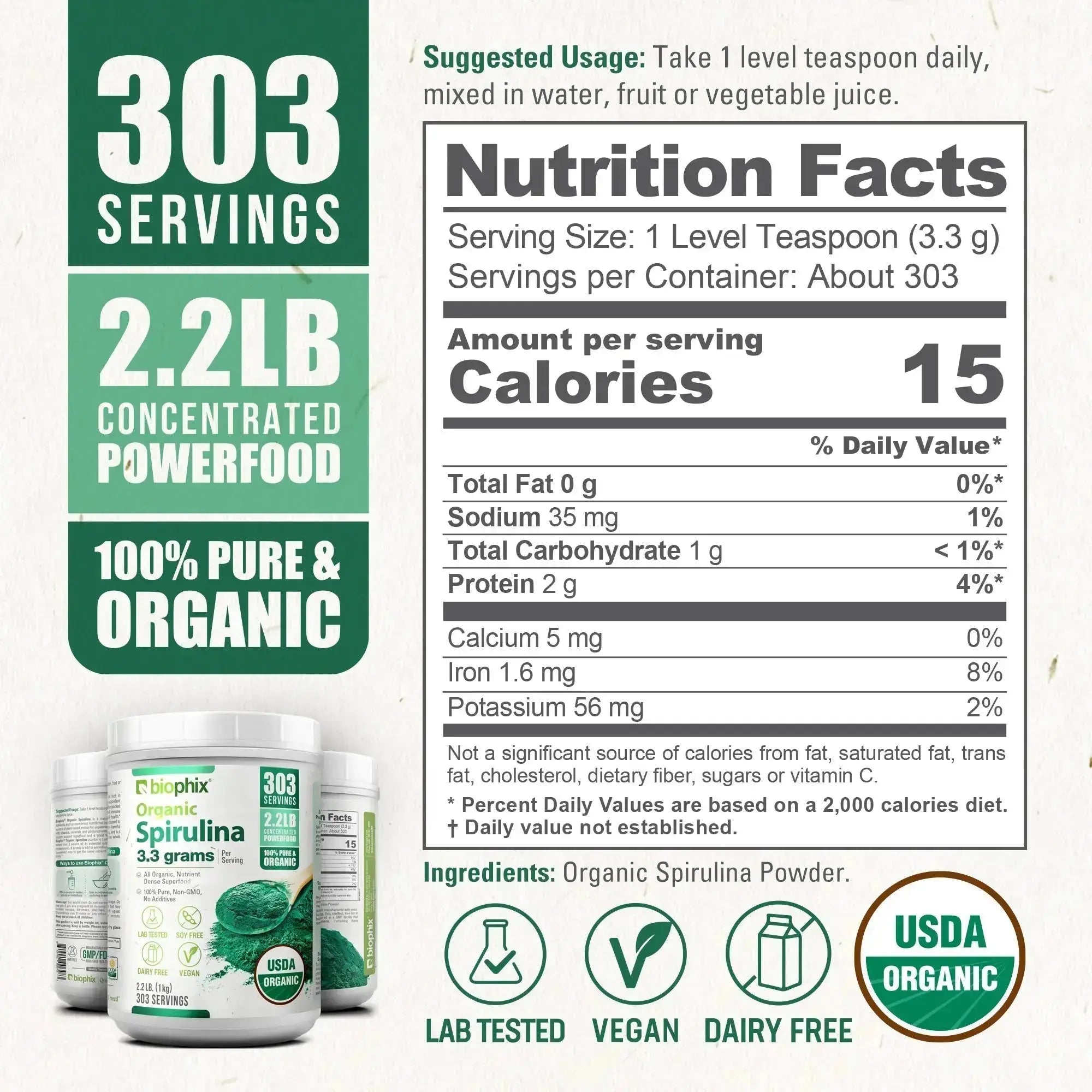 Biophix Spirulina 1 kg Right Side View Chlorophyll Phycocyanin Antioxidant Superfood