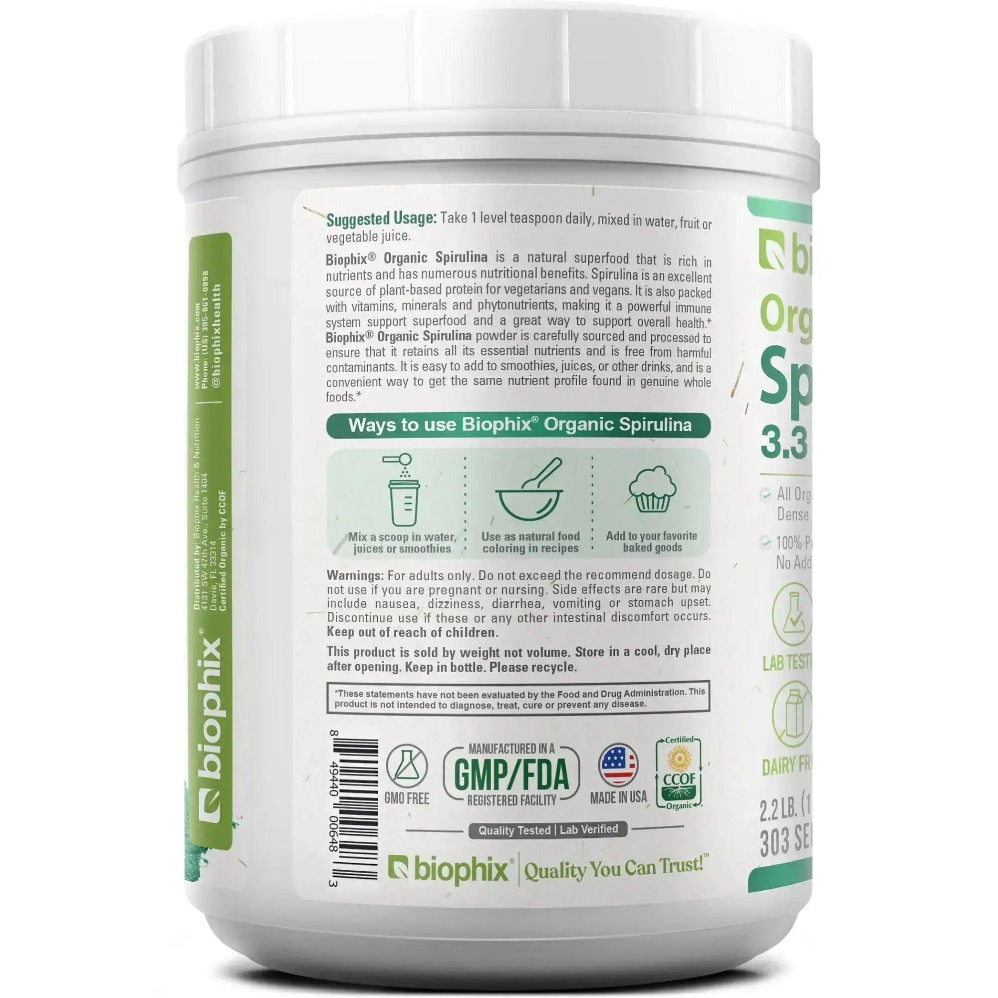 Biophix Spirulina USDA Organic 2.2 lbs Value Size Allergen-Free Whole Food Supplement