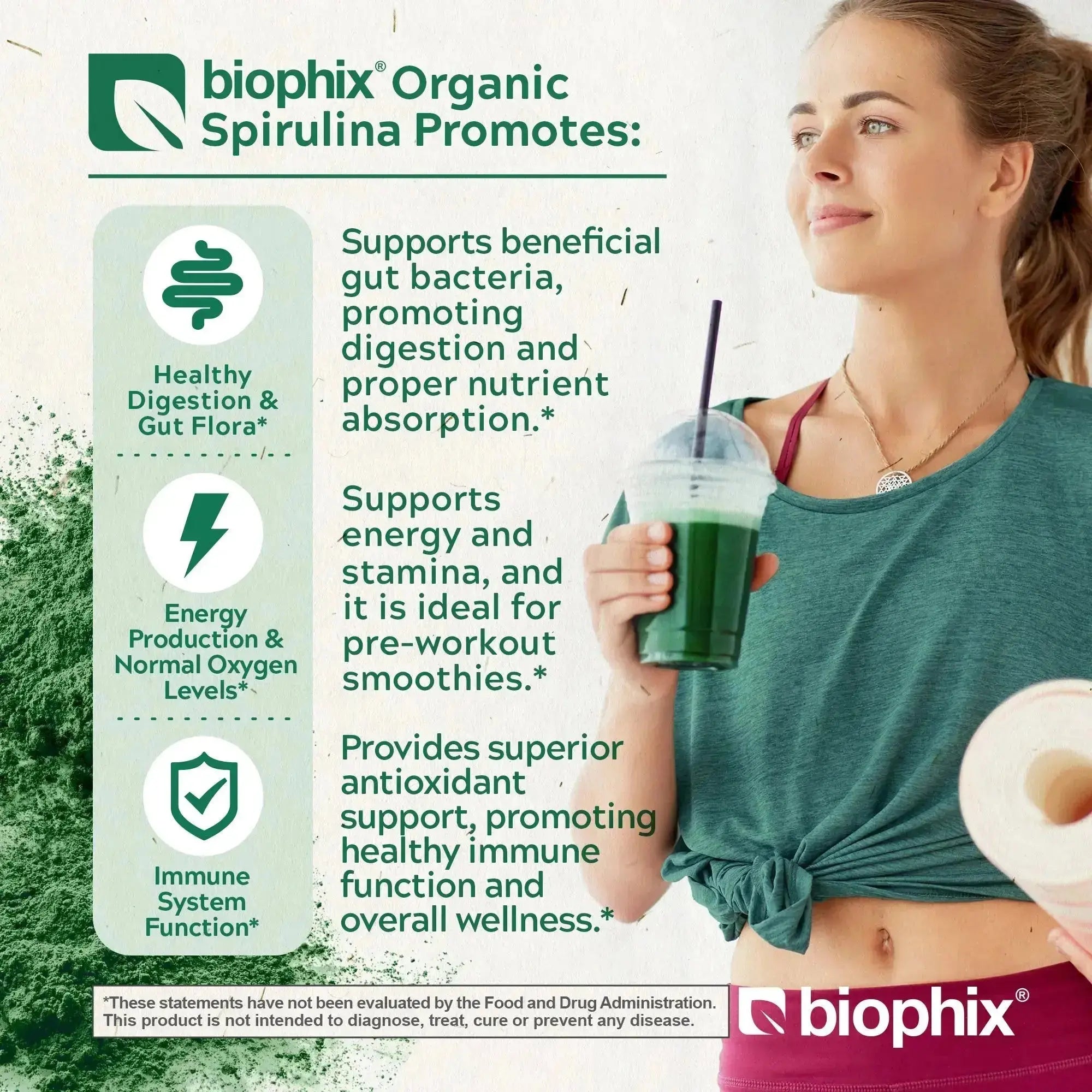 Biophix Organic Spirulina Powder Left Side View USDA Organic Non-GMO Vegan