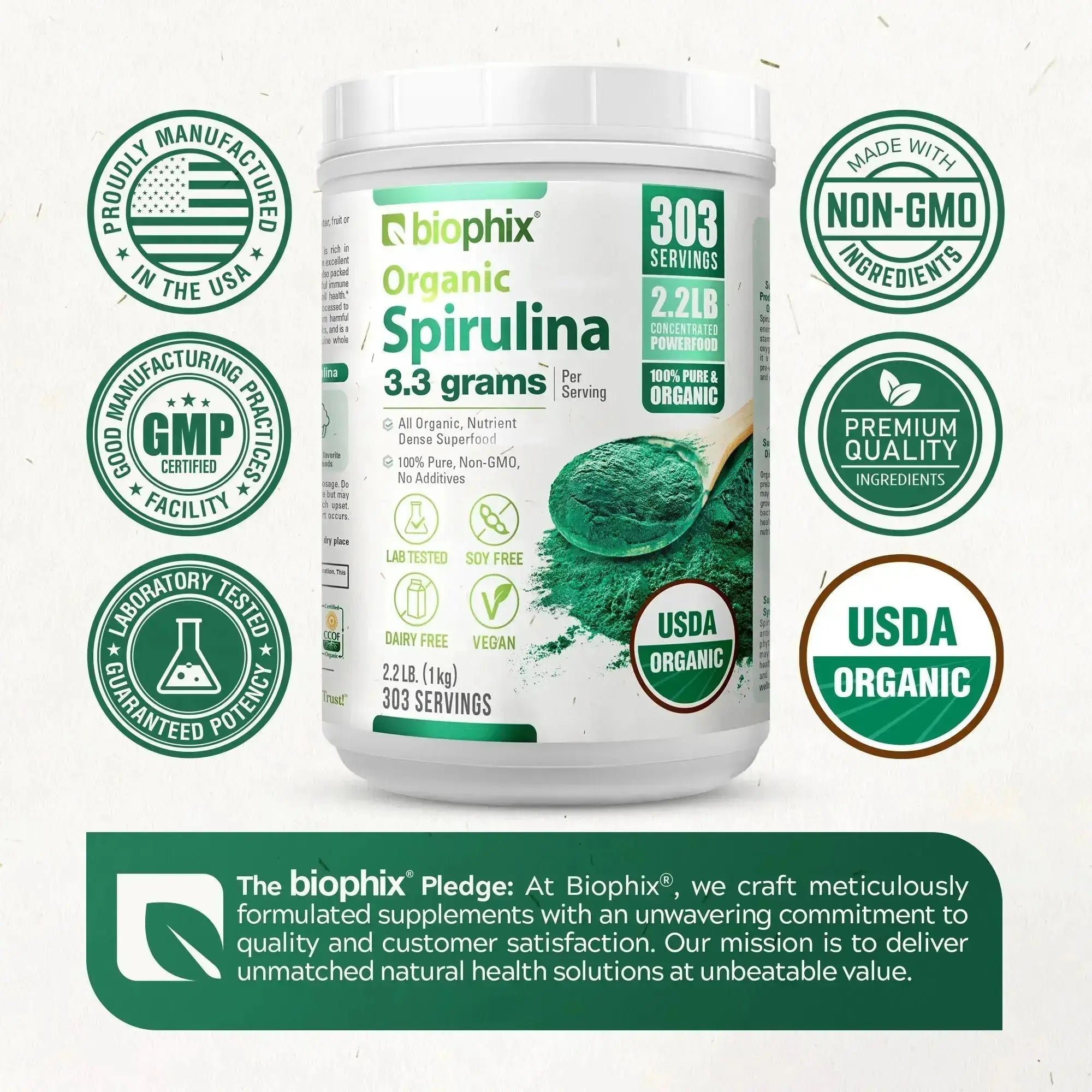 Biophix Organic Spirulina Powder Back Label cGMP Certified Third Party Tested USA