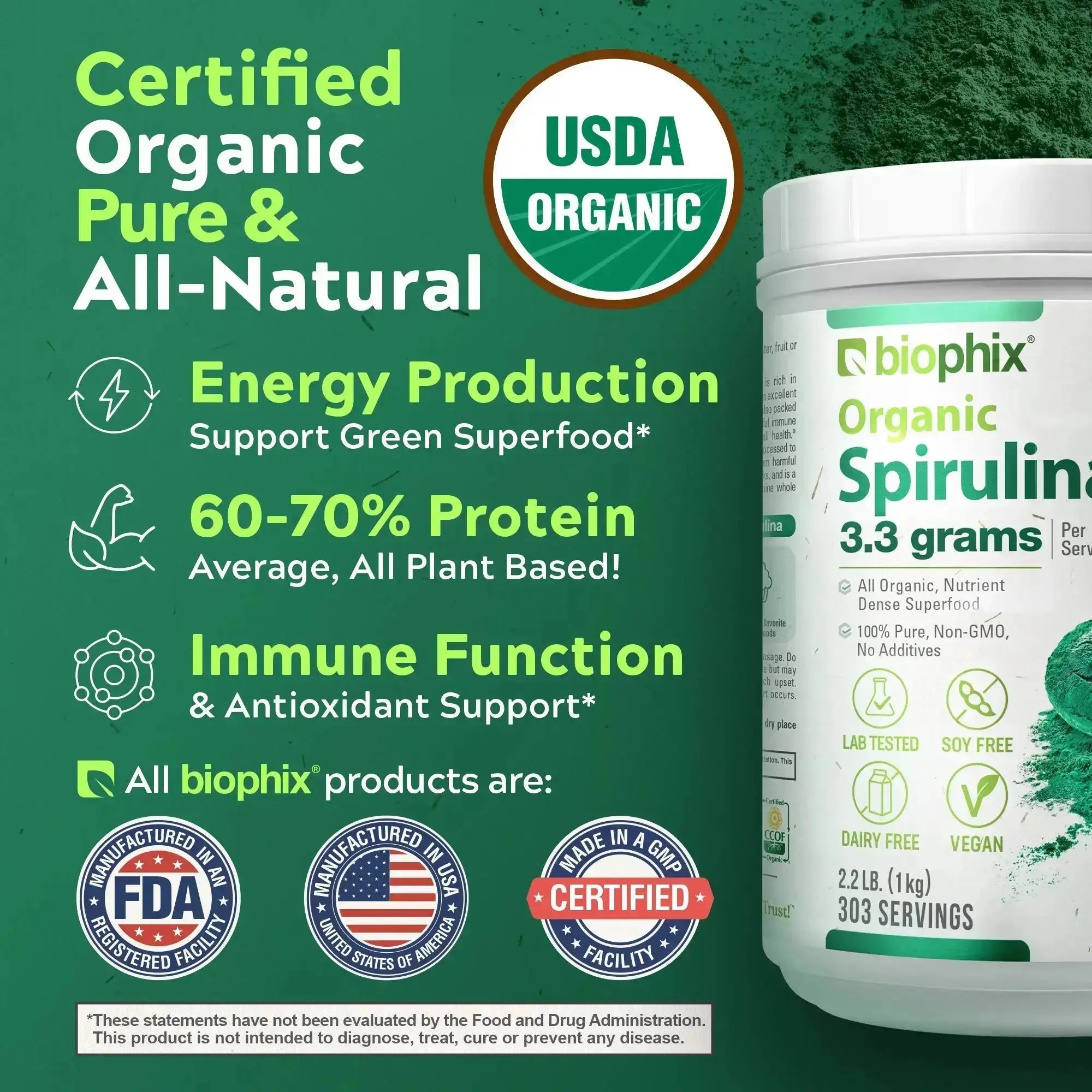 Biophix Organic Spirulina Powder 60% Plant Protein Complete Amino Acid Profile