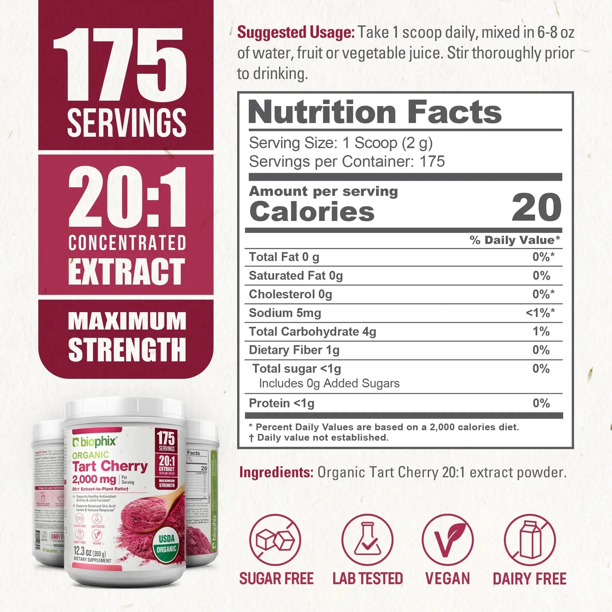 Biophix Tart Cherry Powder Supplement Facts 20:1 Extract 140 Servings Per Container