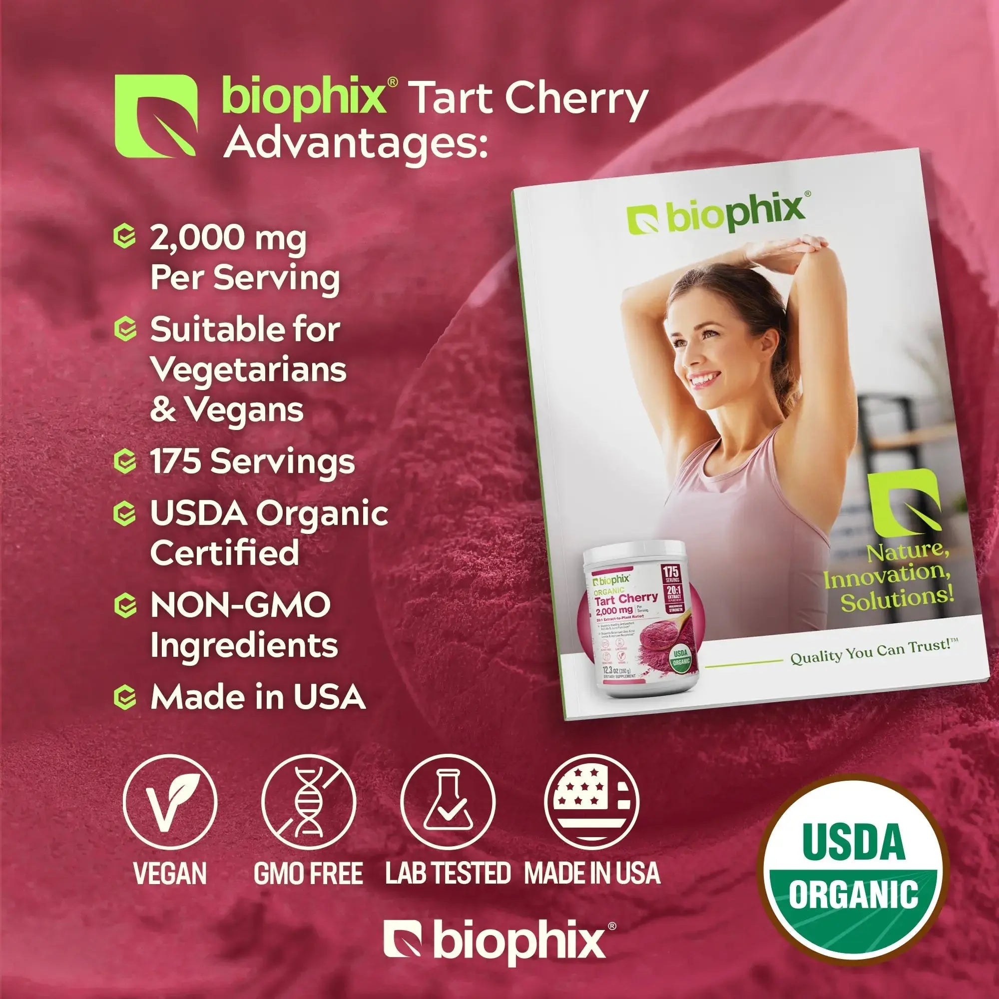 Biophix Tart Cherry Powder Right Side View Resealable Jar 12.3 oz Large Supply