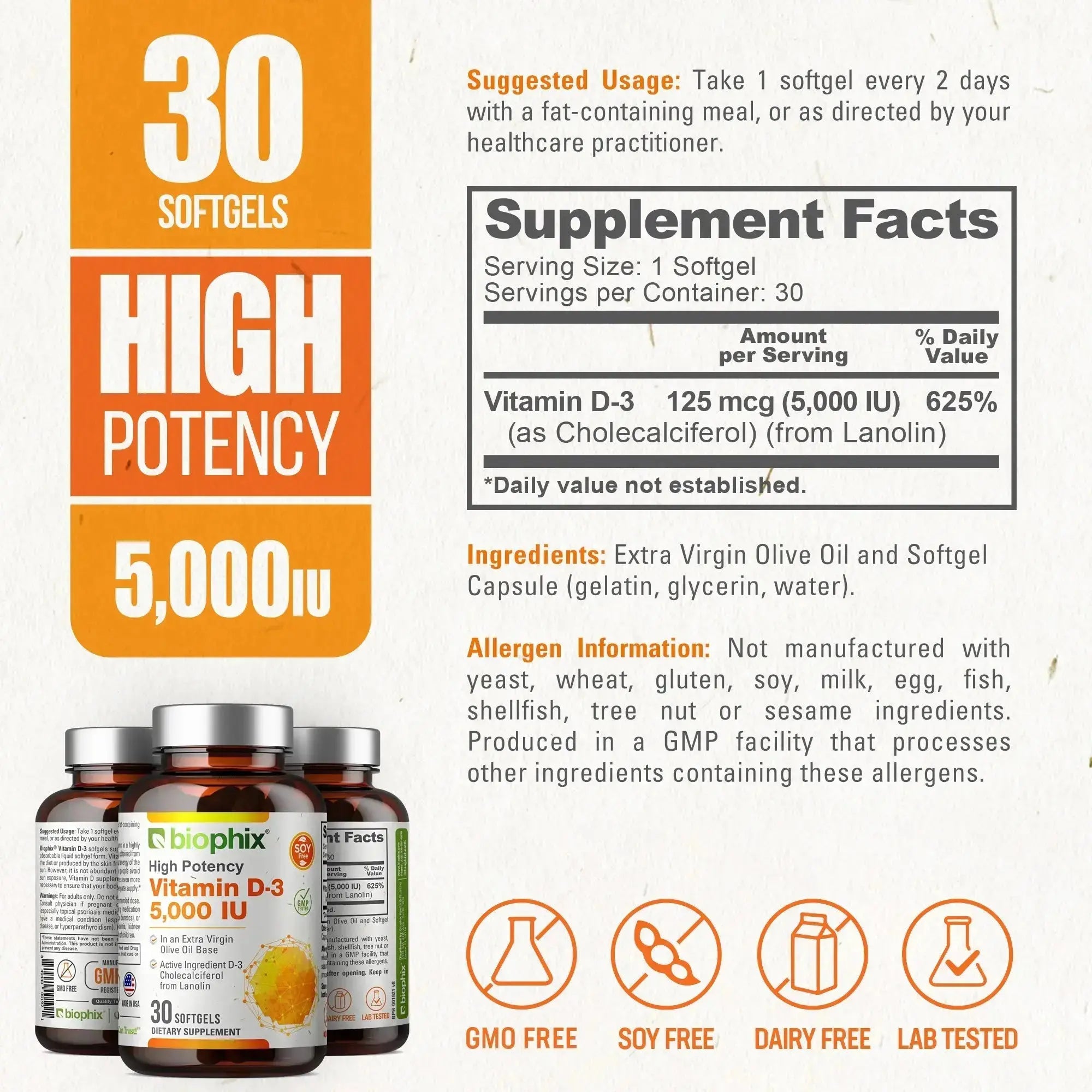 biophix Vitamin D-3 5000 IU High-Potency 30 Softgels