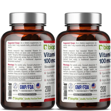 Load image into Gallery viewer, biophix Vitamin K2 MK-4 High-Potency 100 mcg 200 Vegetarian Capsules with Alfalfa 2 Pack