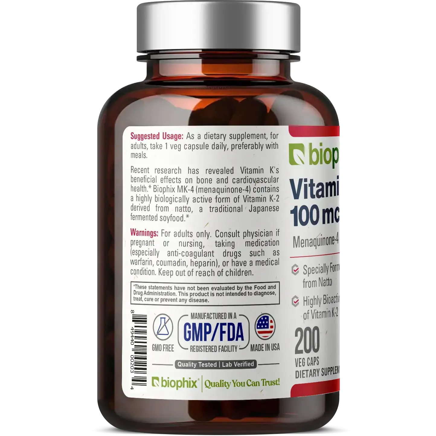 biophix Vitamin K2 MK-4 High-Potency 100 mcg 200 Vegetarian Capsules