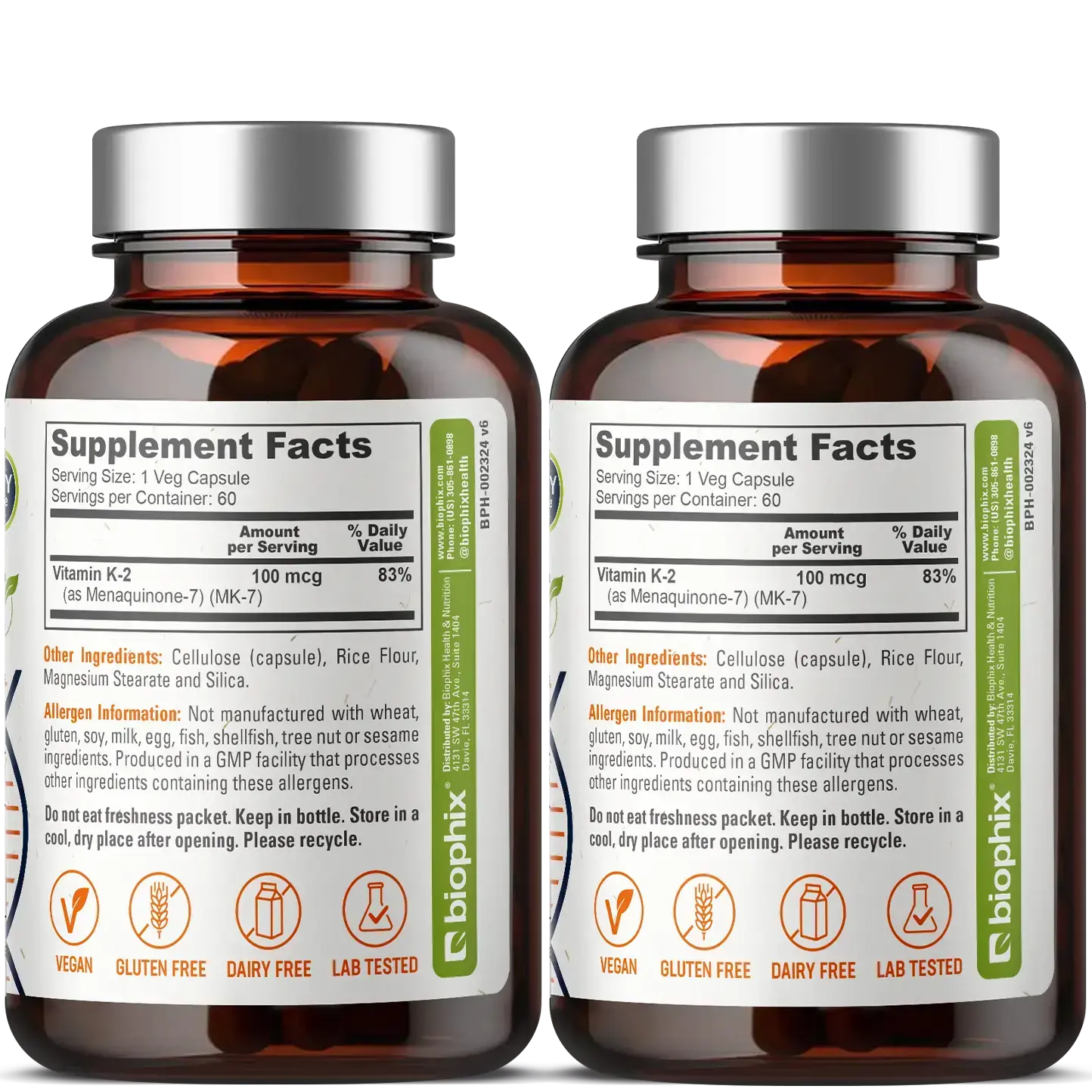 biophix Vitamin K2 MK-7 High-Potency 100 mcg 60 Vegetarian Capsules - 2 Pack