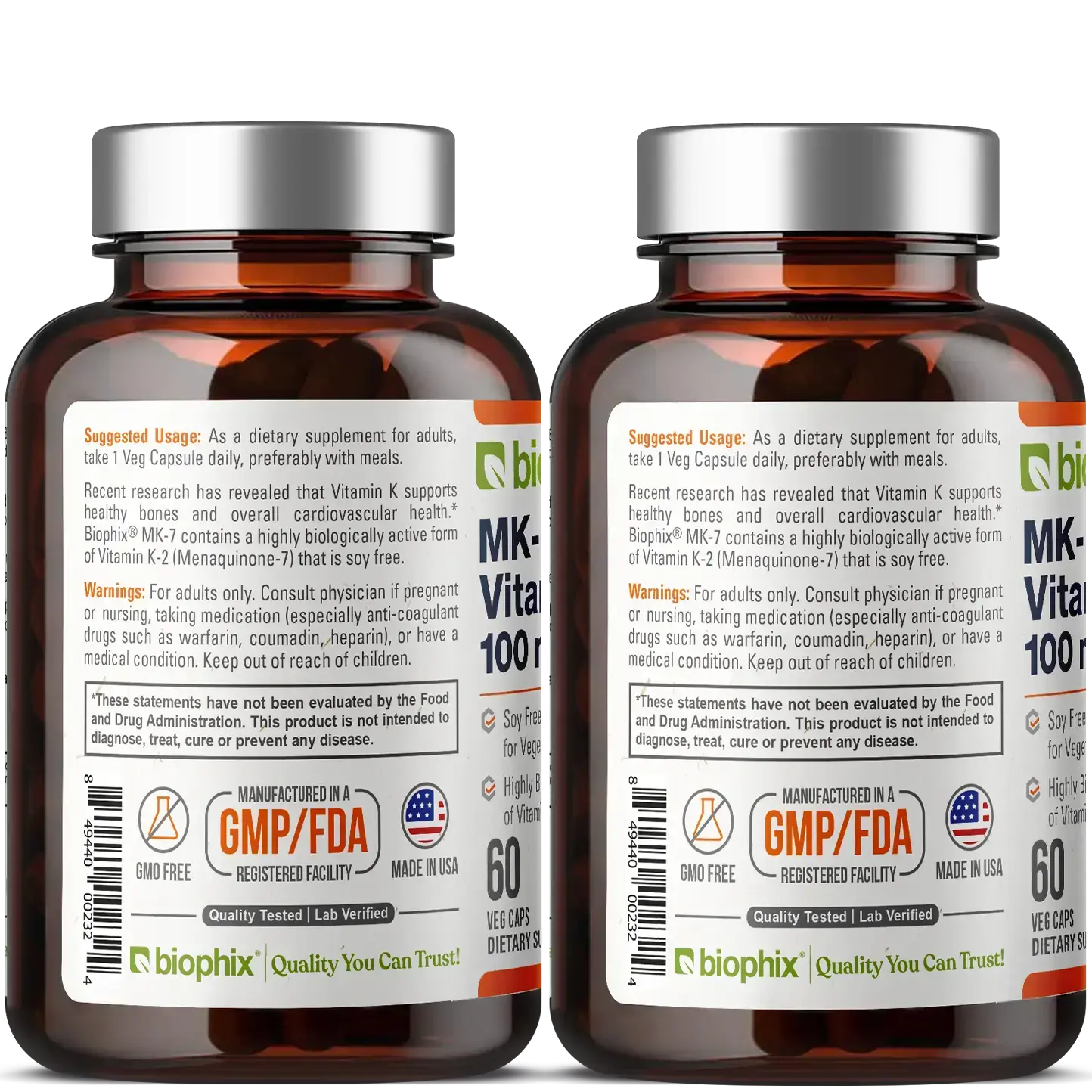 biophix Vitamin K2 MK-7 High-Potency 100 mcg 60 Vegetarian Capsules - 2 Pack
