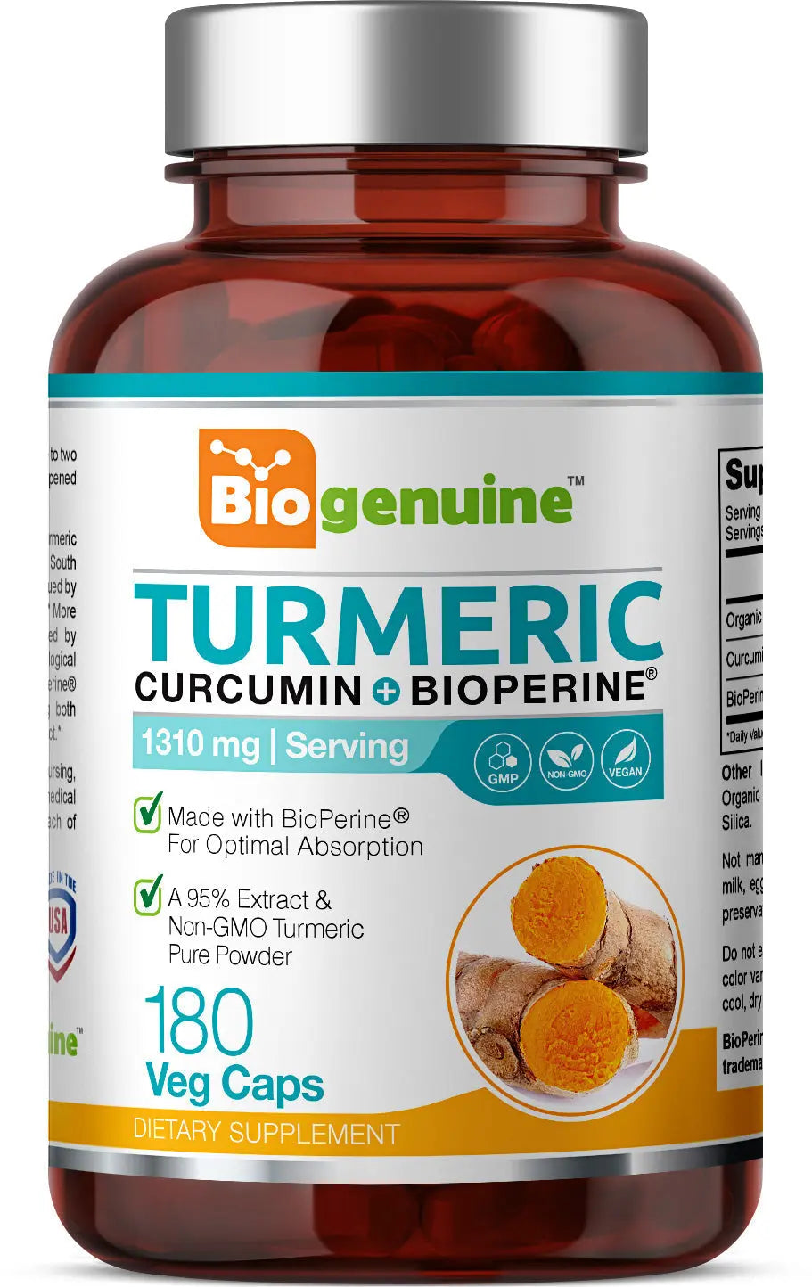 Organic Turmeric Curcumin Plus Bioperine 1310 mg 180 Vegetarian Capsules