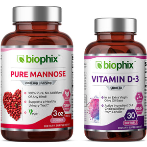 Pure Mannose Powder 2000 mg 3 oz with Free Vitamin D-3 5000 IU 30 Softgels